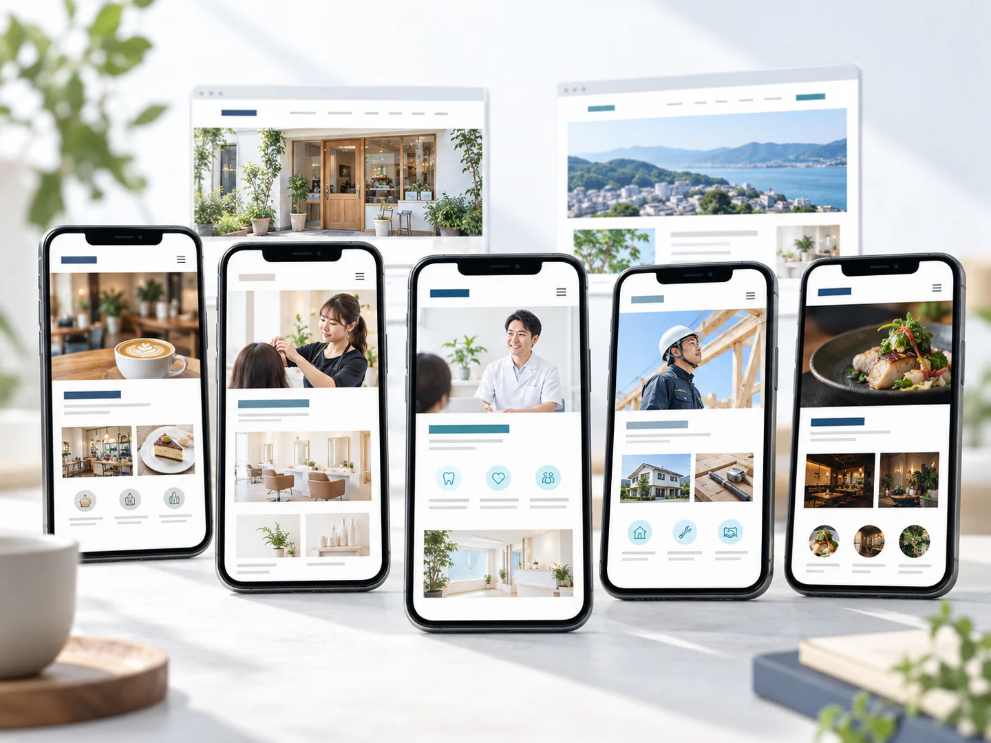 日本人の店主やスタッフが登場する、さまざまな業種のホームページをスマートフォンで表示したイメージ