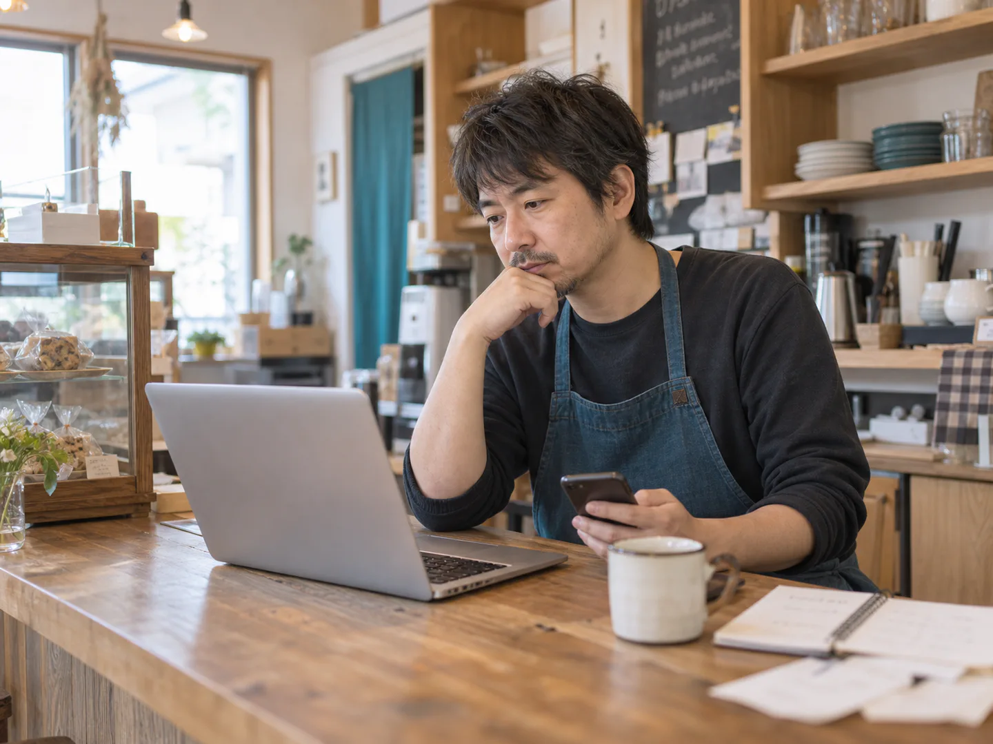 店舗でパソコンとスマートフォンを確認する事業者
